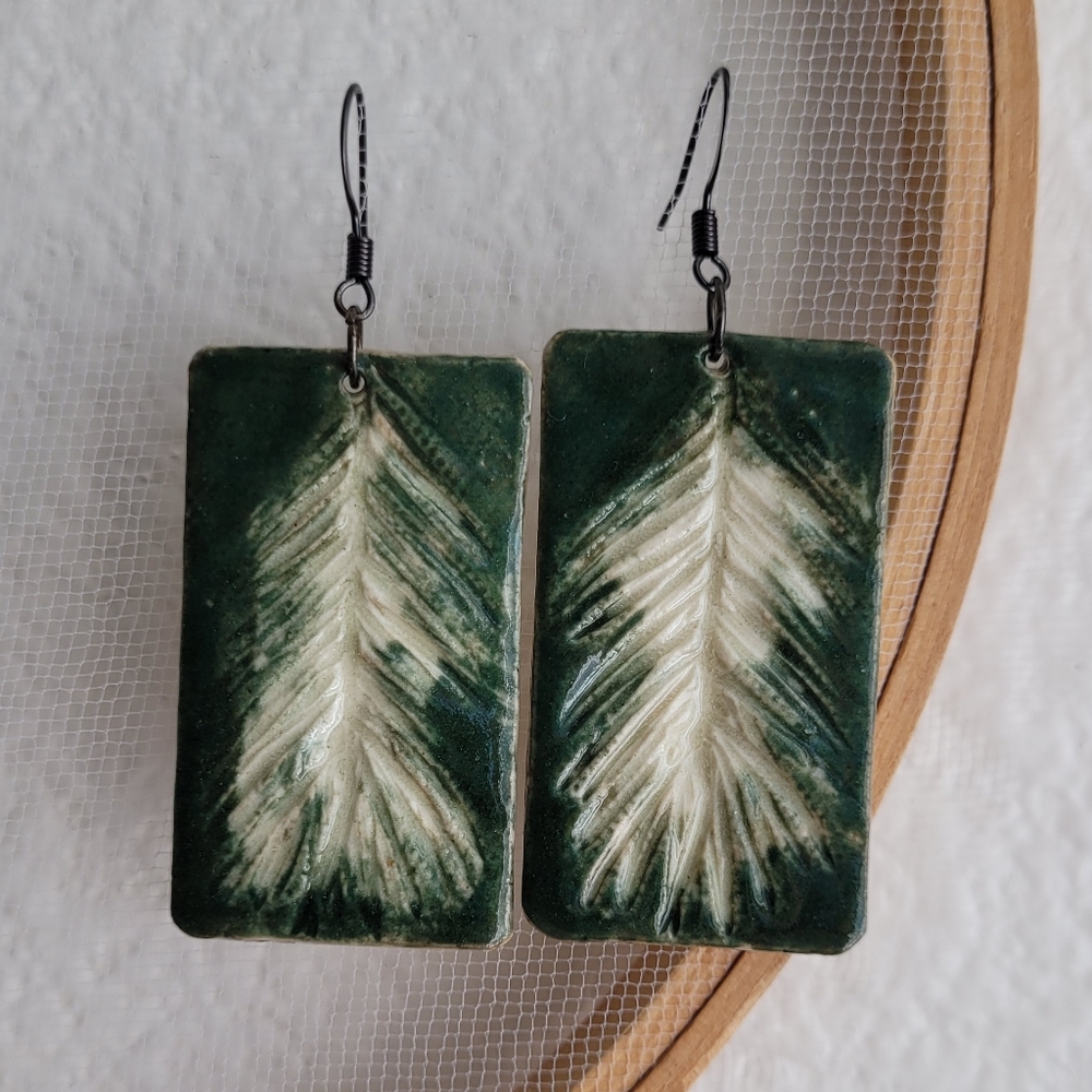 Ceramic Pressed Spruce Tree Earrings Silver Plated Statement Earring